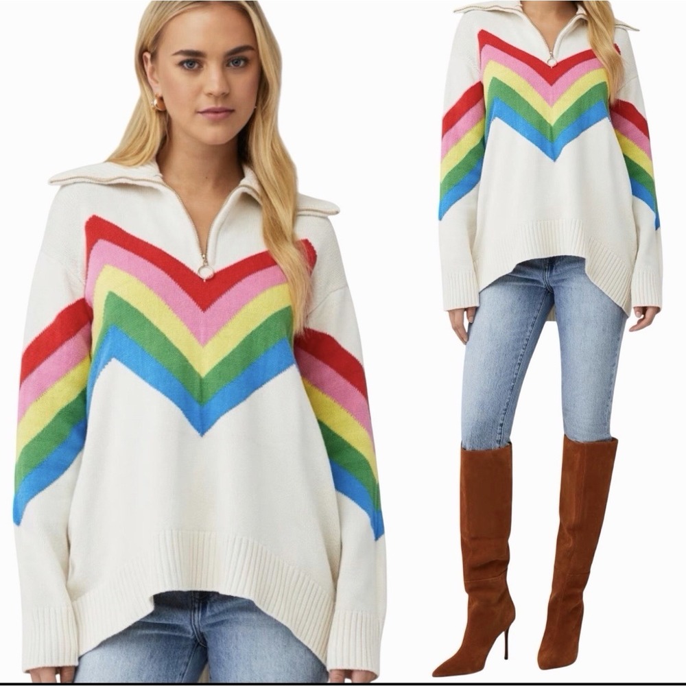 Show Me Your Mumu Weston Rainbow Chevron Half  Zip Sweater S Oversized Ski
